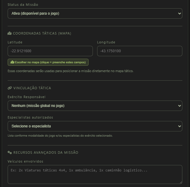 Formulário de missão simples com Status da Missão, Coordenadas Táticas, Escolher no mapa, Exército Responsável, Especialistas autorizados e Veículos envolvidos.